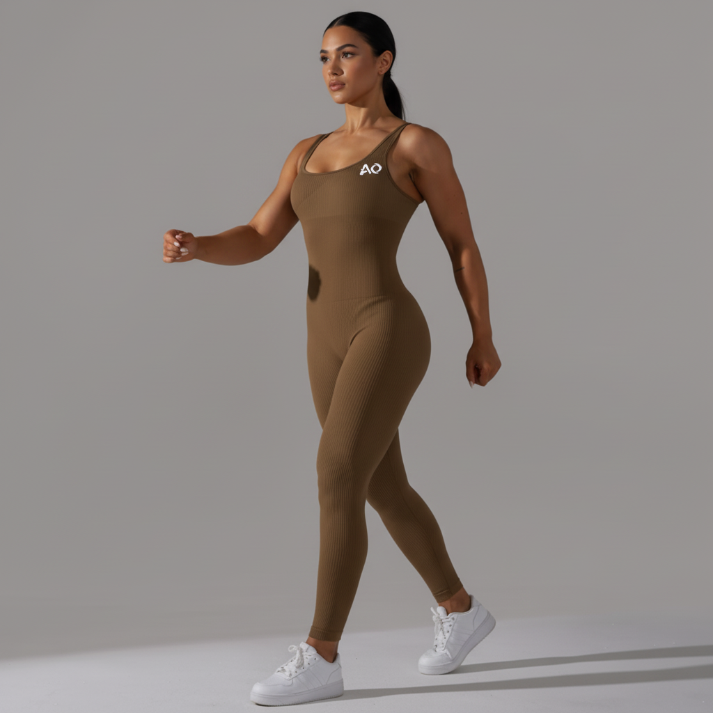 Brown Ribbed Unitard Action