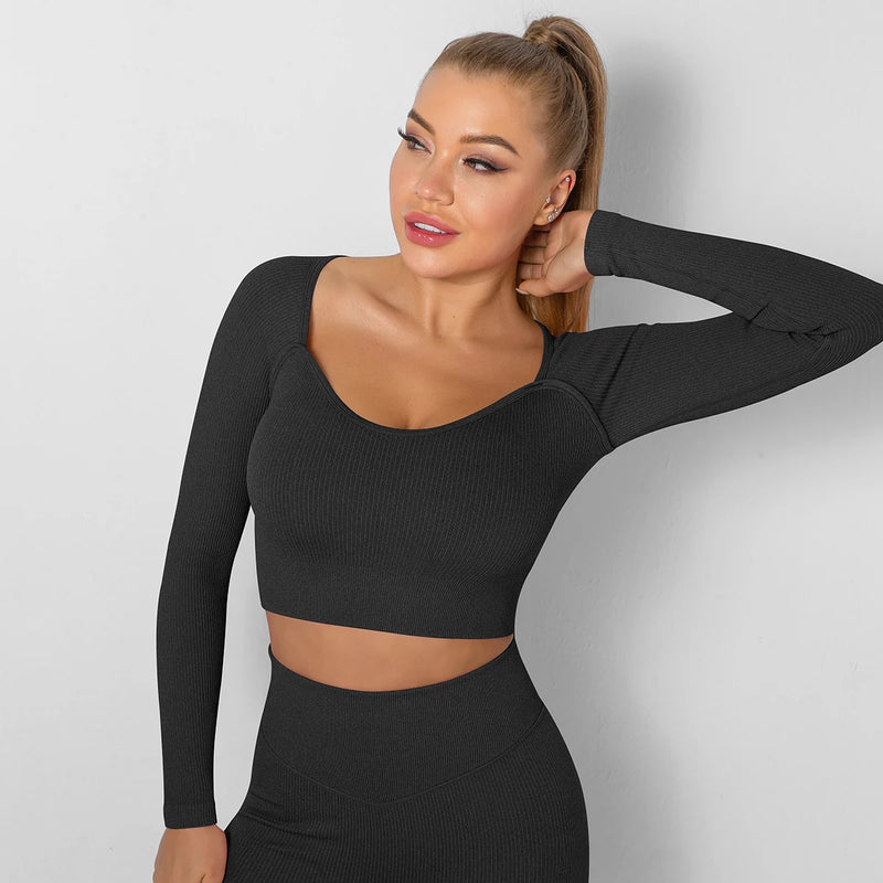 Black Long Sleeve Seamless Bra Top