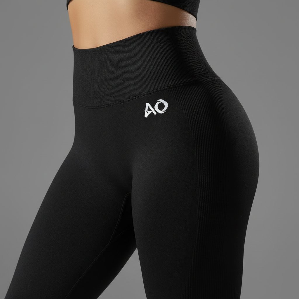 Black Leggings Ribbed Pattern - Waistband Logo