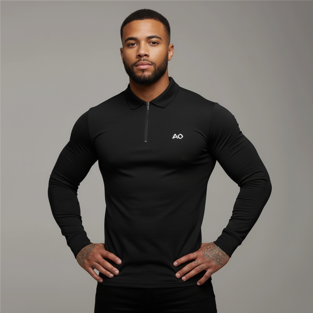 Black Long-Sleeve Polo - Hands on Hips