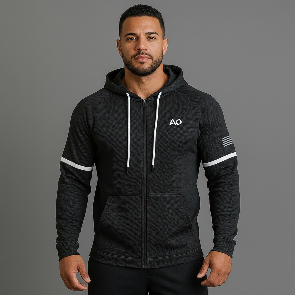 Black Textured Zip Hoodie - Front