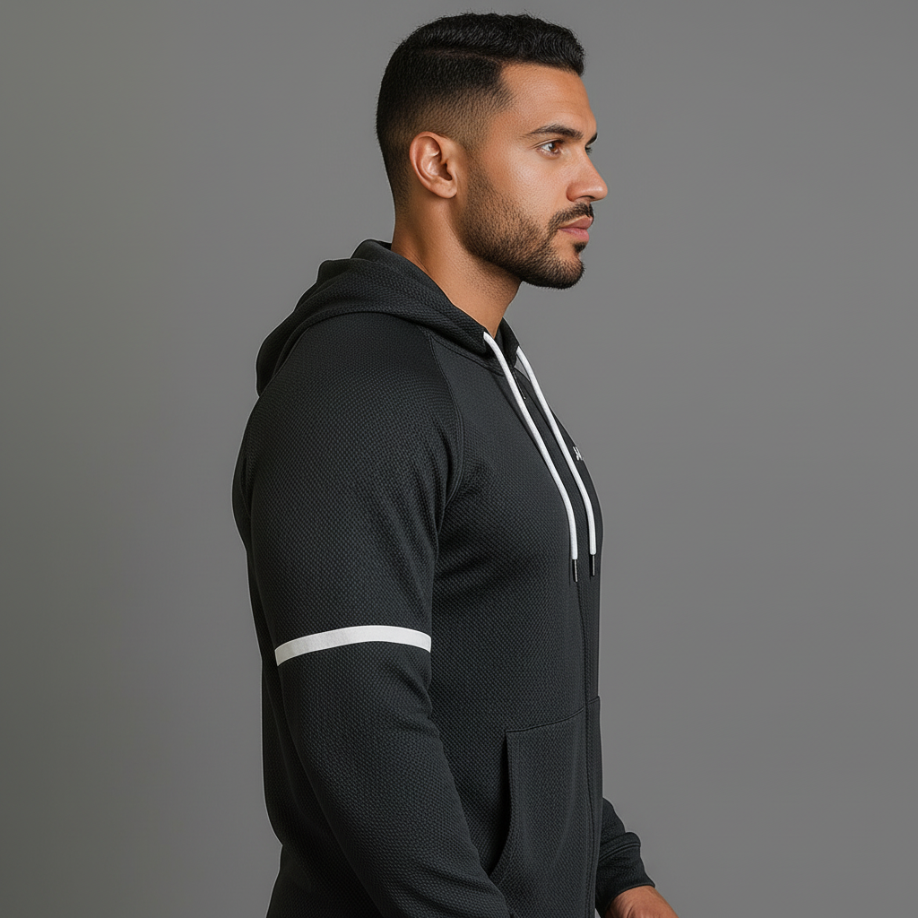 Black Textured Zip Hoodie - Side