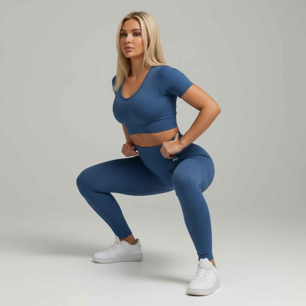 Blonde model blue ribbed set - squat square