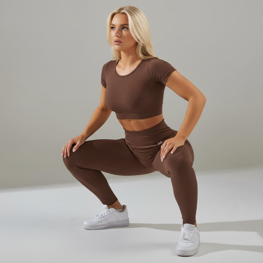 Blonde model brown ribbed set - squat square