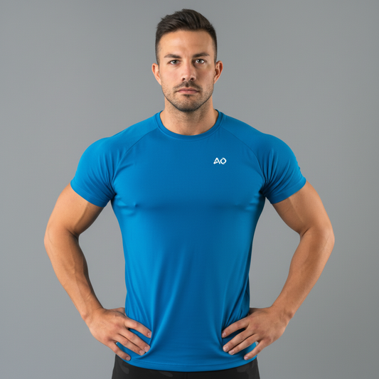 Blue Performance T-Shirt - Hands on Hips