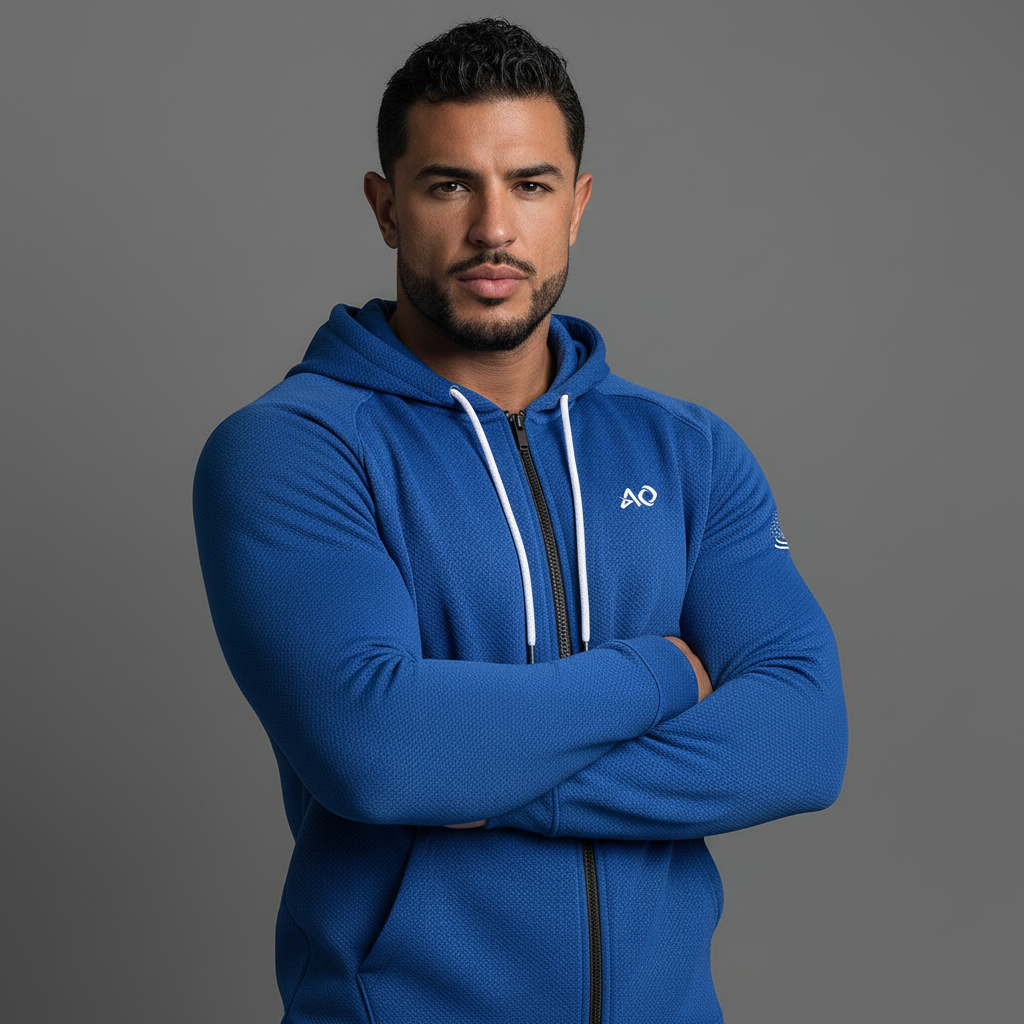 Blue Textured Zip Hoodie - Arms Crossed