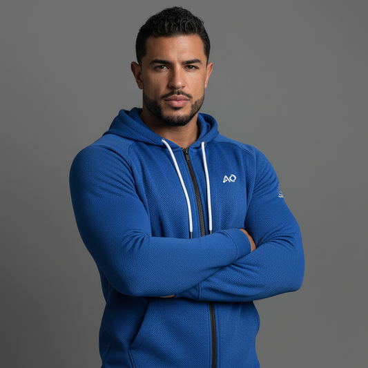 Blue Textured Zip Hoodie - Arms Crossed
