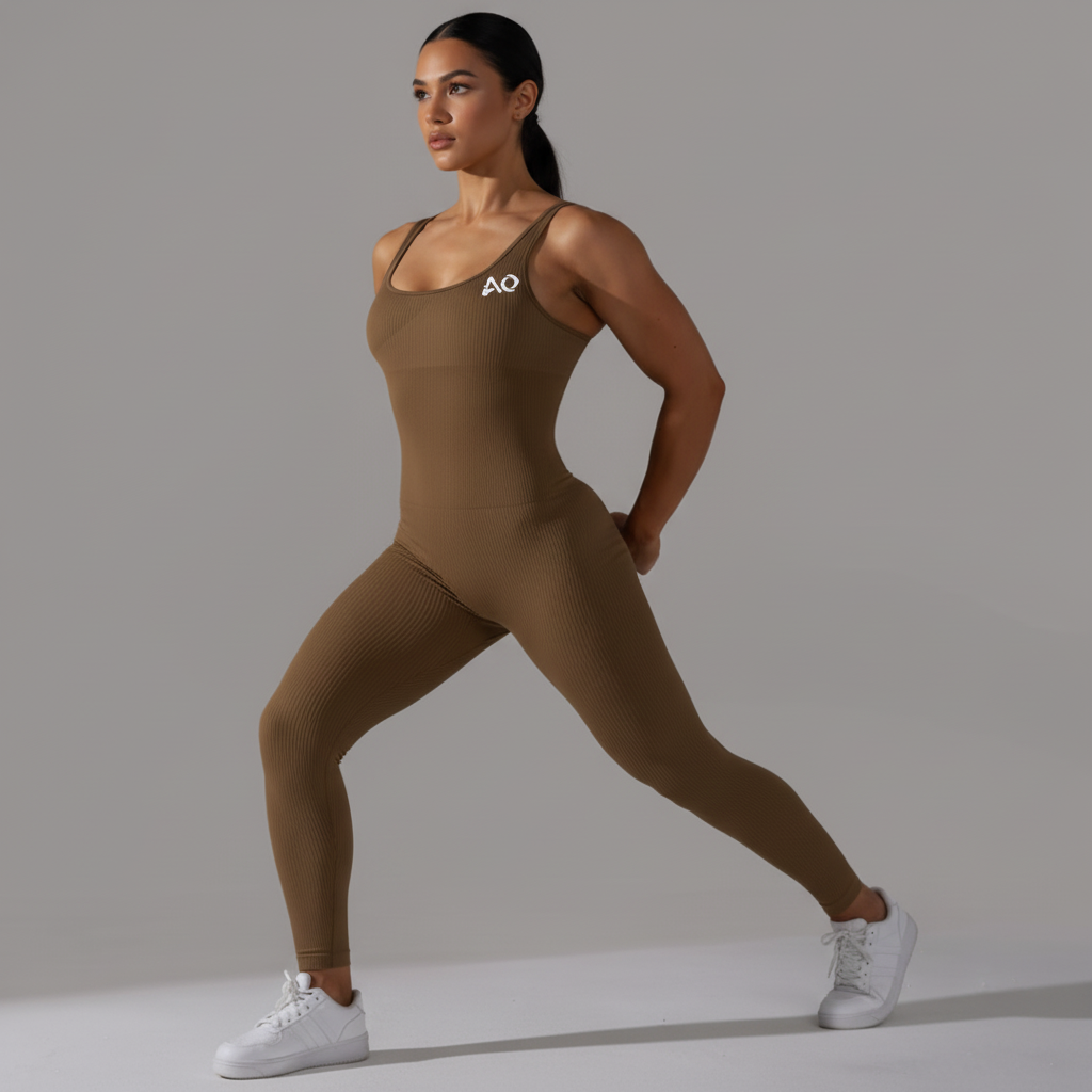 Brown Ribbed Unitard Lunge