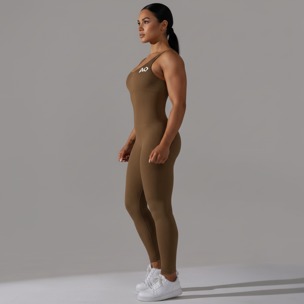 Brown Ribbed Unitard Side