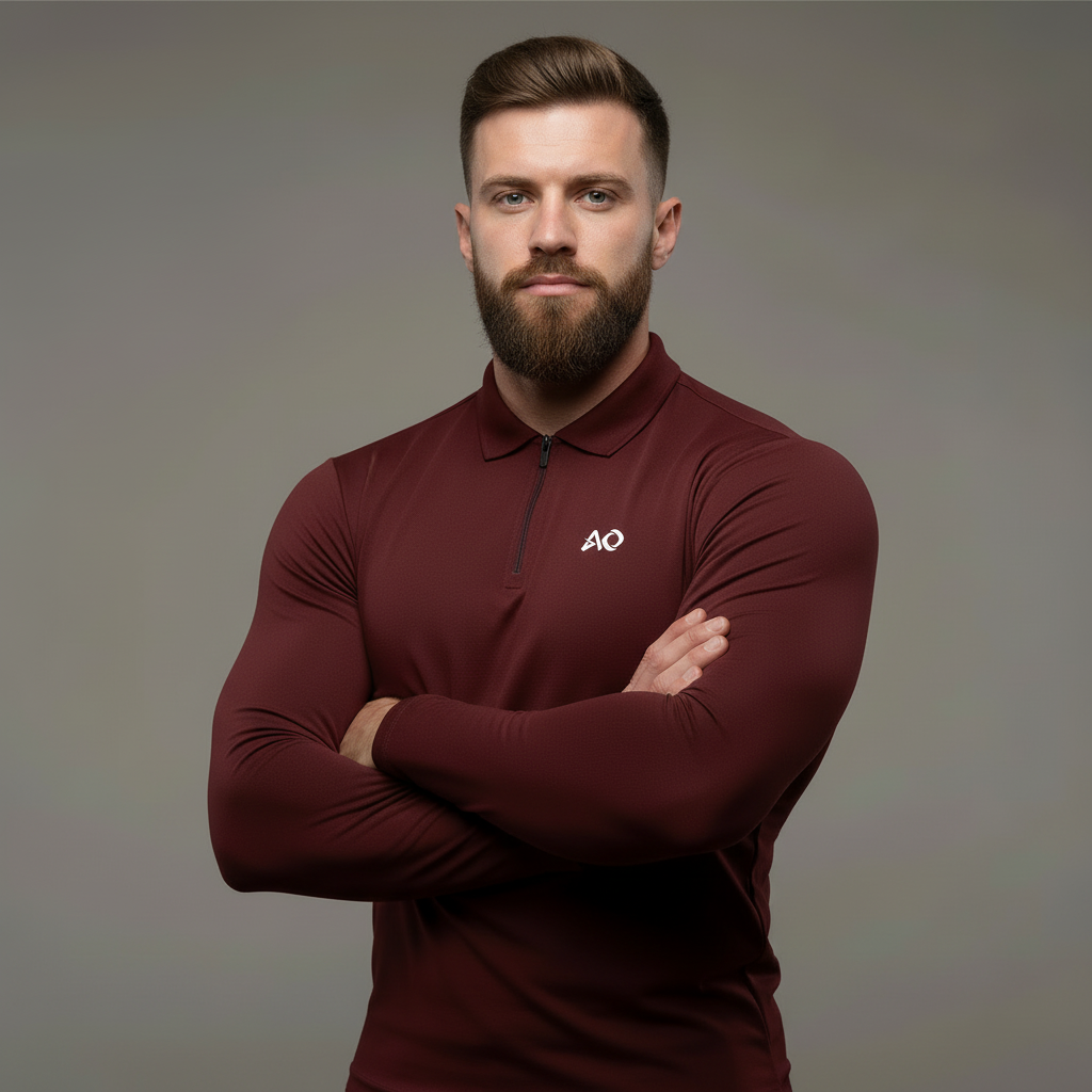Burgundy Long-Sleeve Polo - Arms Crossed