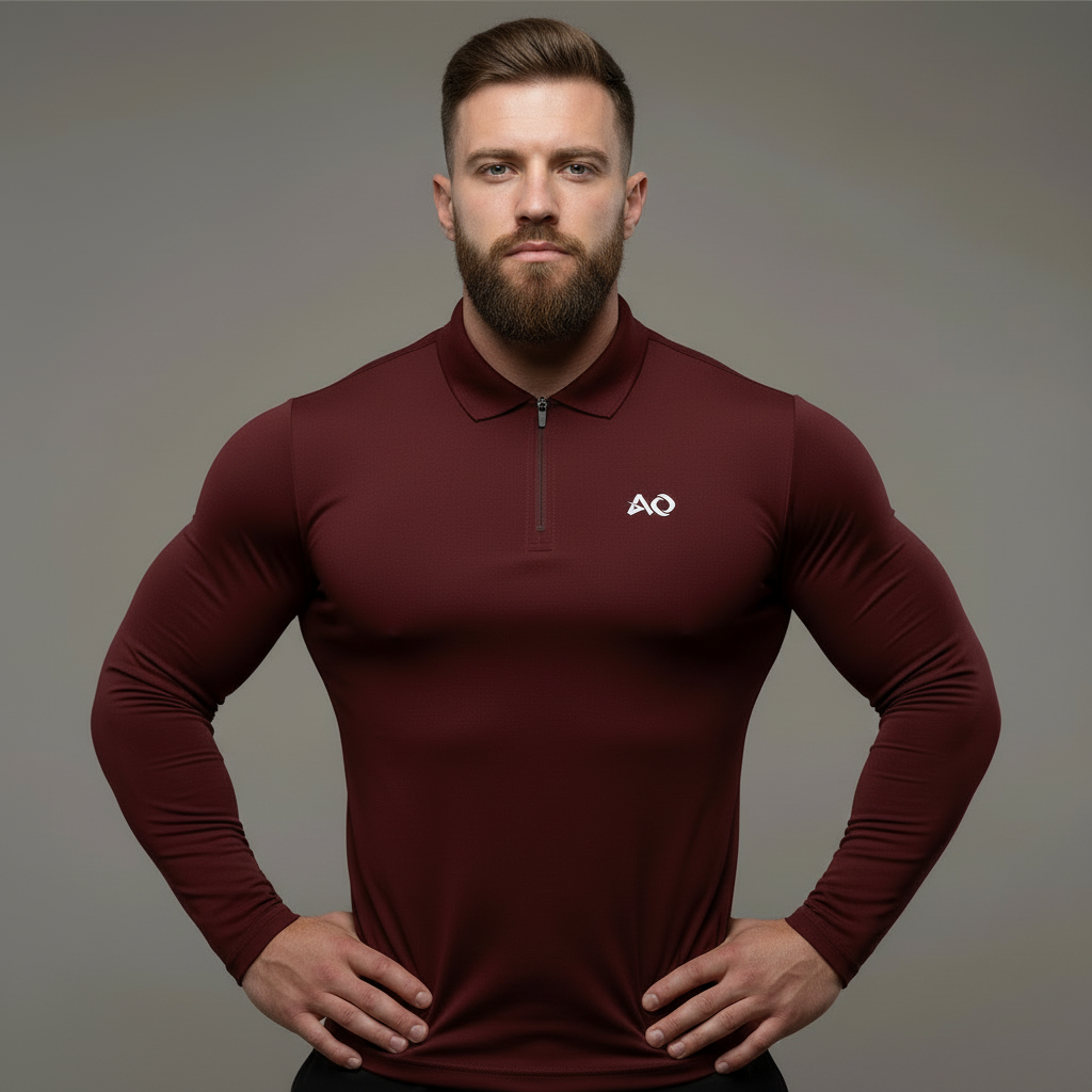 Burgundy Long-Sleeve Polo - Hands on Hips