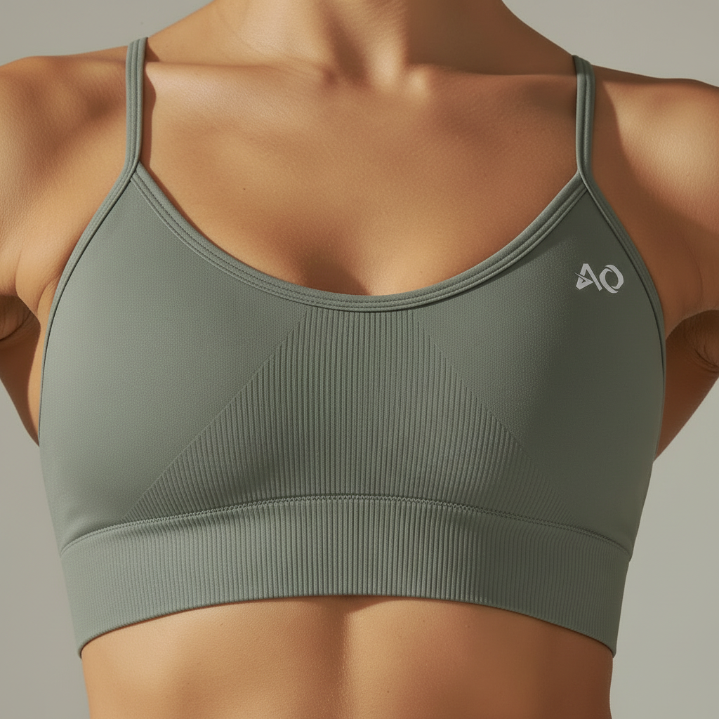 Close-up ribbed sports bra texture with AO logo
