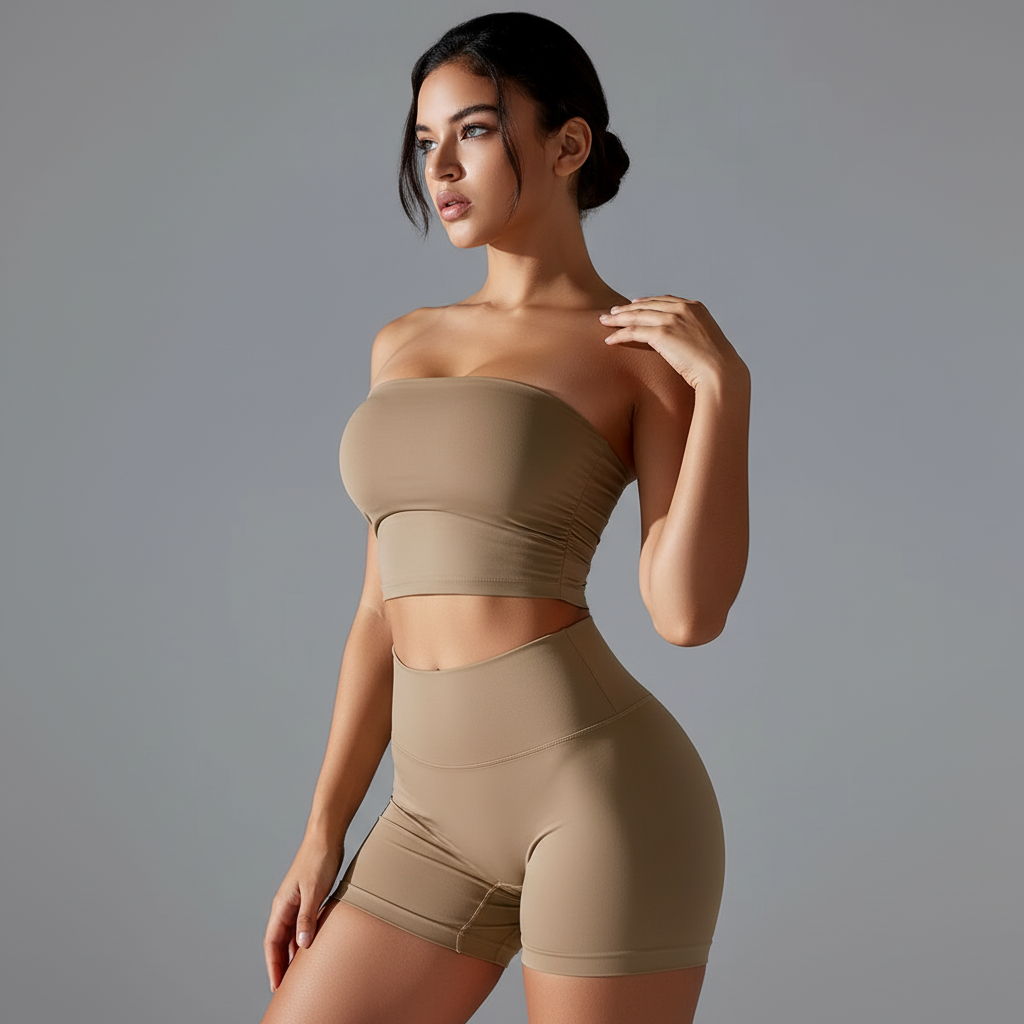 Dark-haired model - beige set three-quarter front angle - 1200x1200