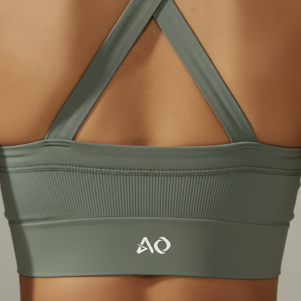 Extreme close-up sports bra back with AO logo