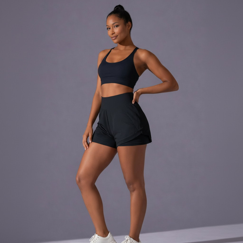 Front three-quarter view - Black shorts set with white sneakers
