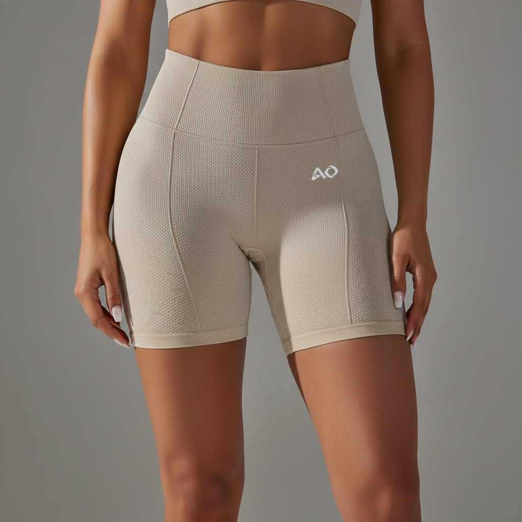 Front view - Cream beige shorts with AO logo