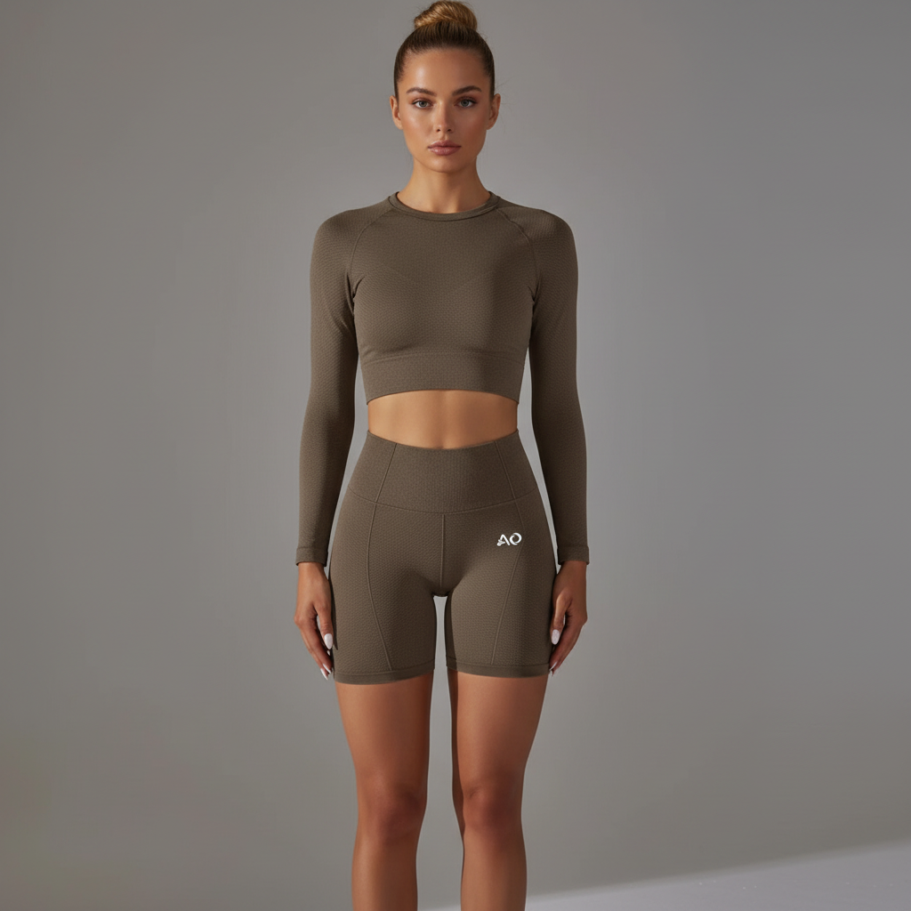 Front view - Olive khaki shorts with AO logo