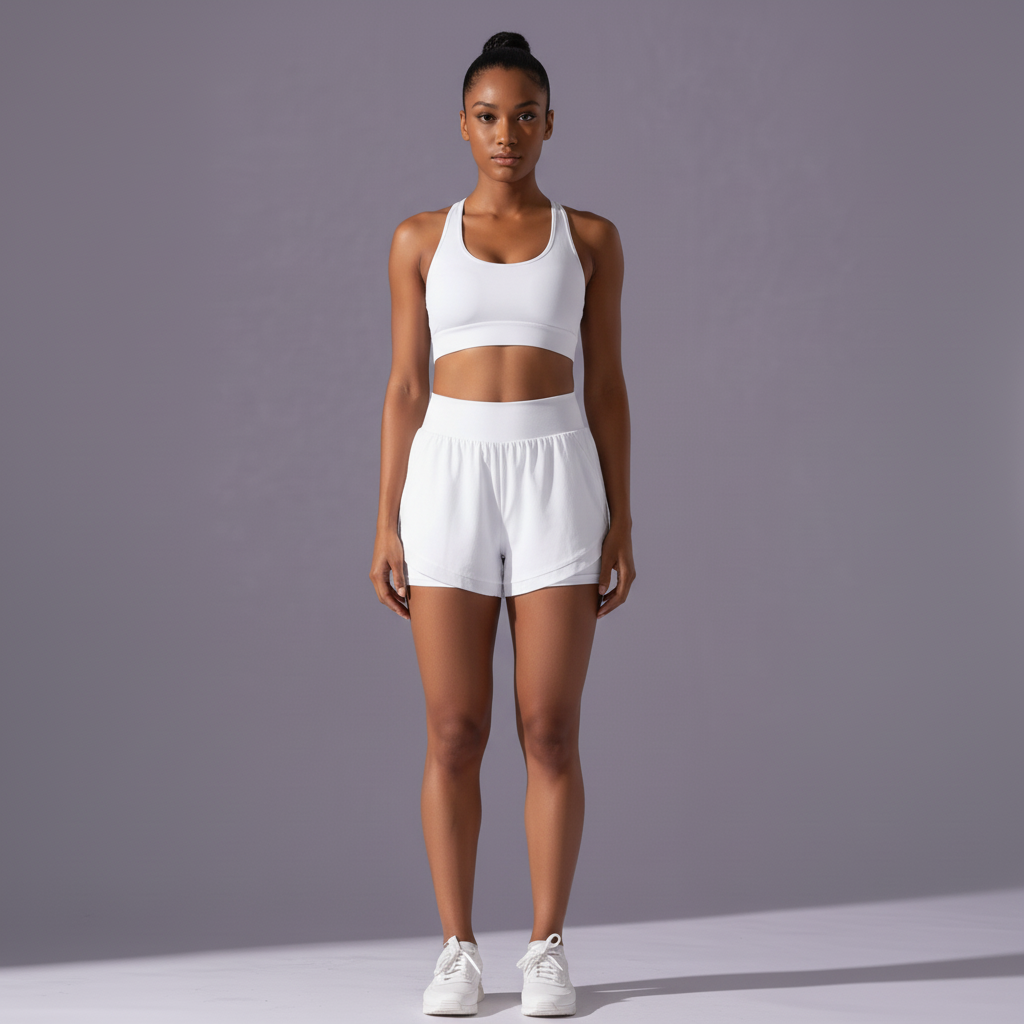 Front view - White shorts set with white sneakers