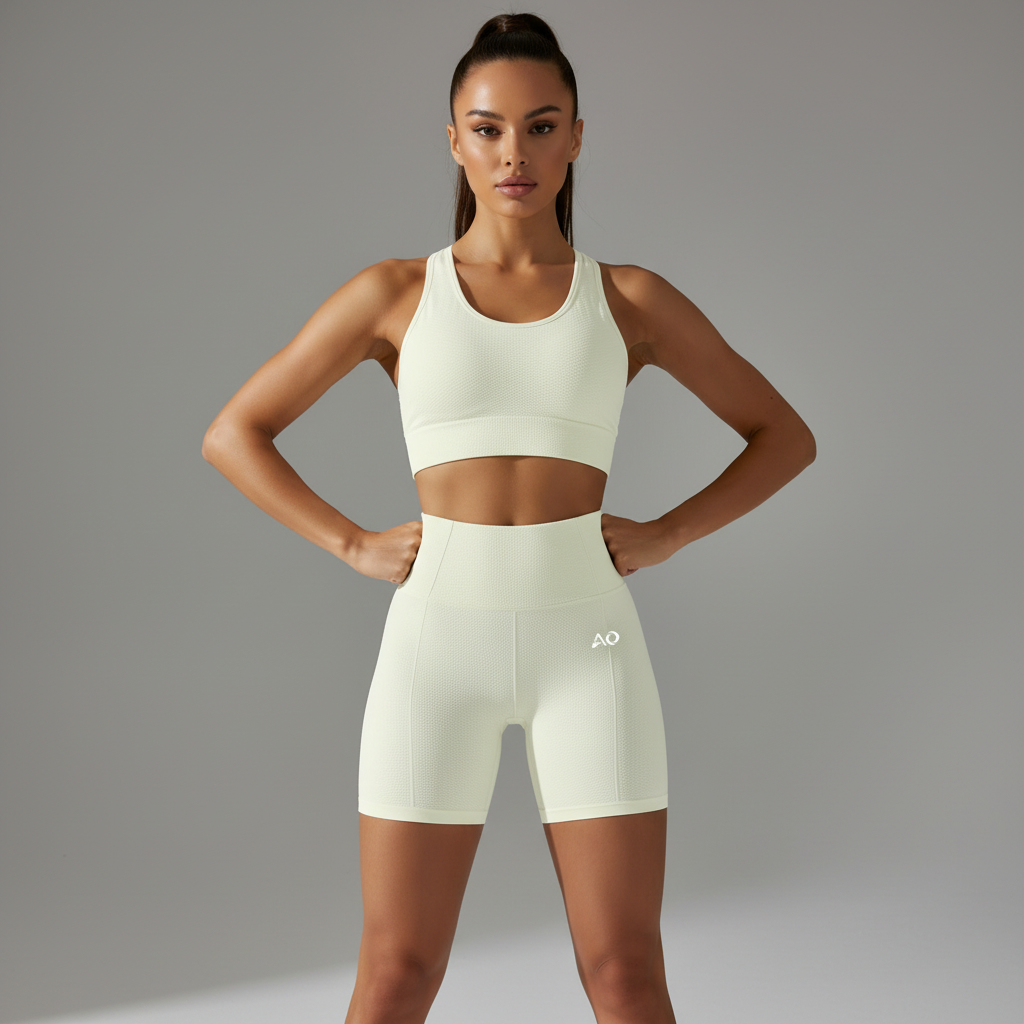 Front view - White textured shorts with AO logo