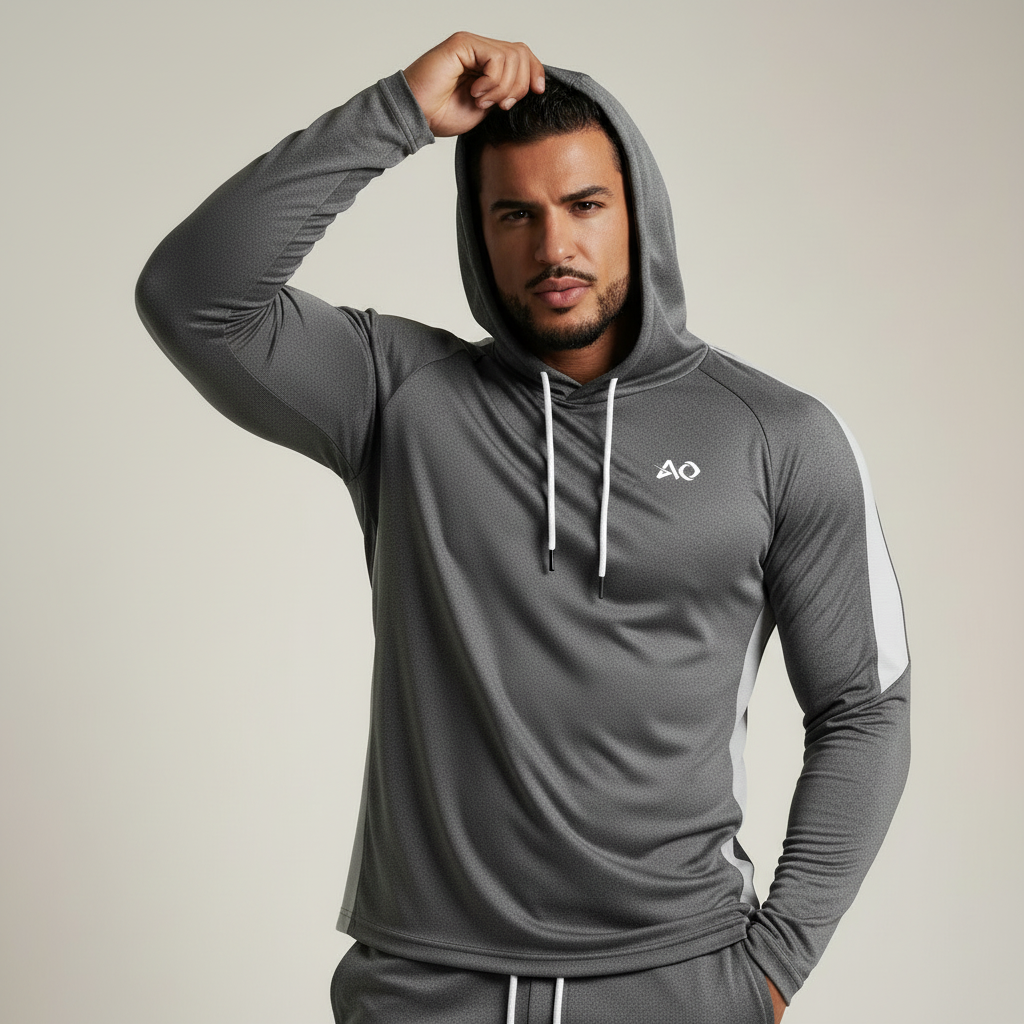 Grey Color-Block Pullover Hoodie - Adjusting Hood