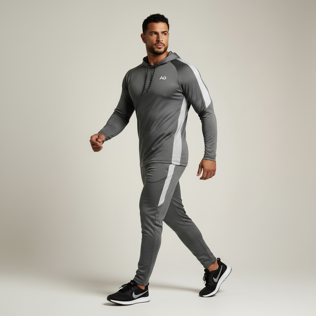 Grey Color-Block Pullover Hoodie - Walking