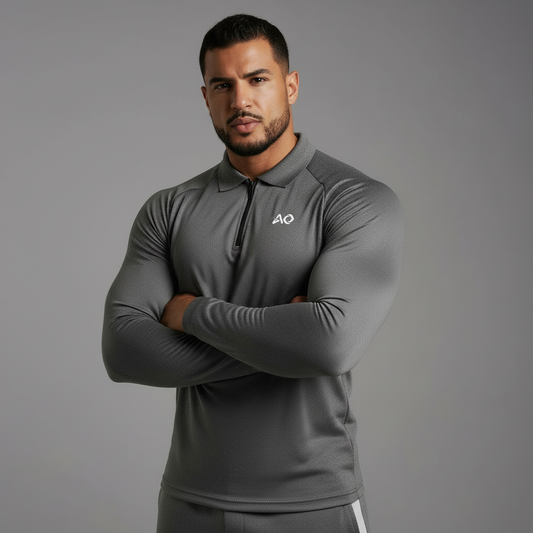 Grey Long-Sleeve Polo - Arms Crossed