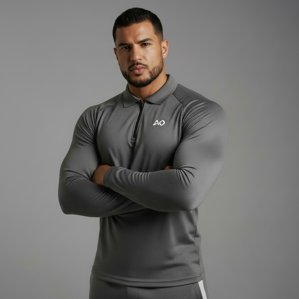 Grey Long-Sleeve Polo - Arms Crossed