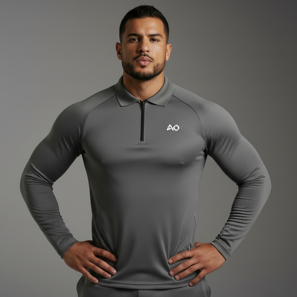 Grey Long-Sleeve Polo - Hands on Hips