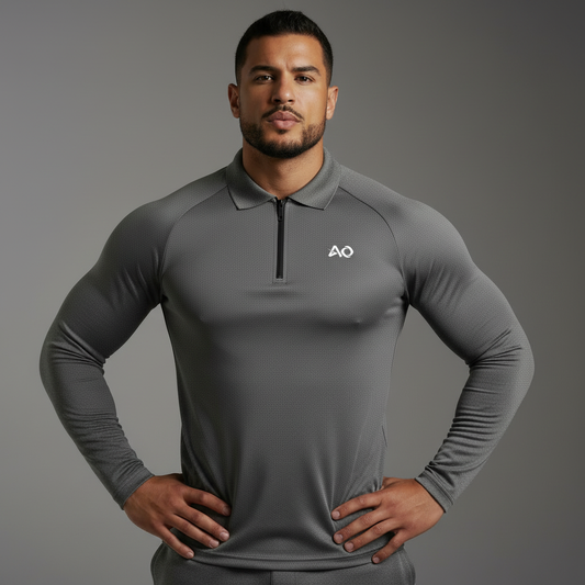 Grey Long-Sleeve Polo - Hands on Hips