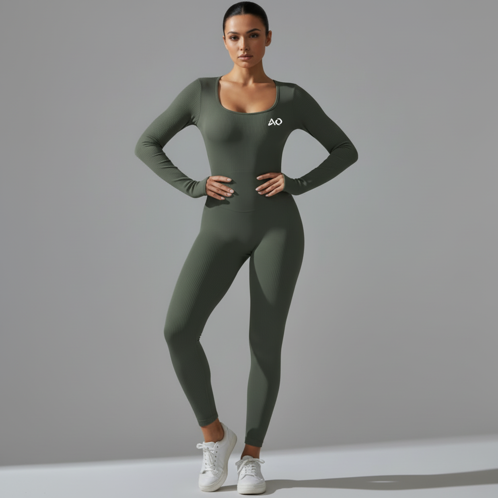 Olive Green Unitard - Three-Quarter Front