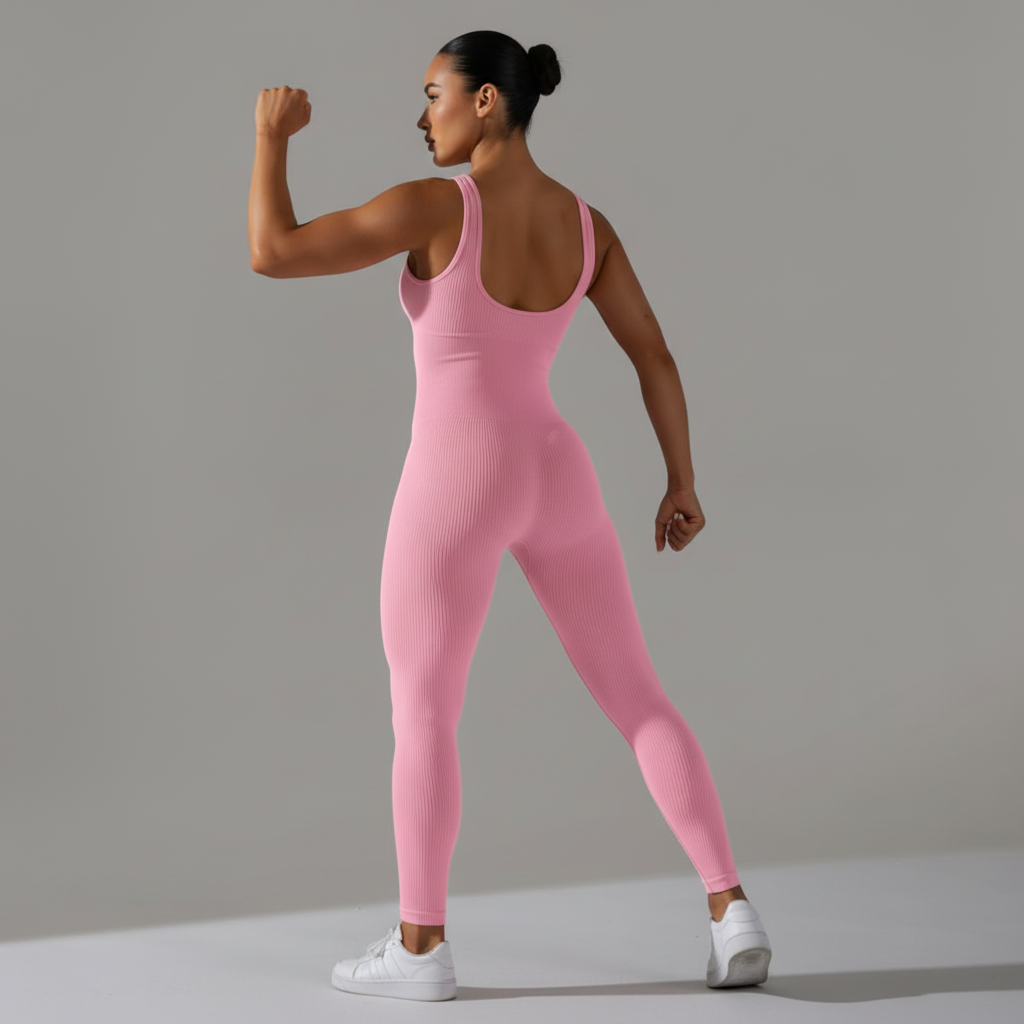 Pink Ribbed Unitard Back