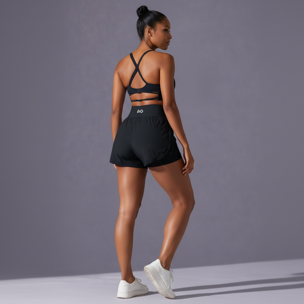 Rear three-quarter view - Black shorts set with white sneakers