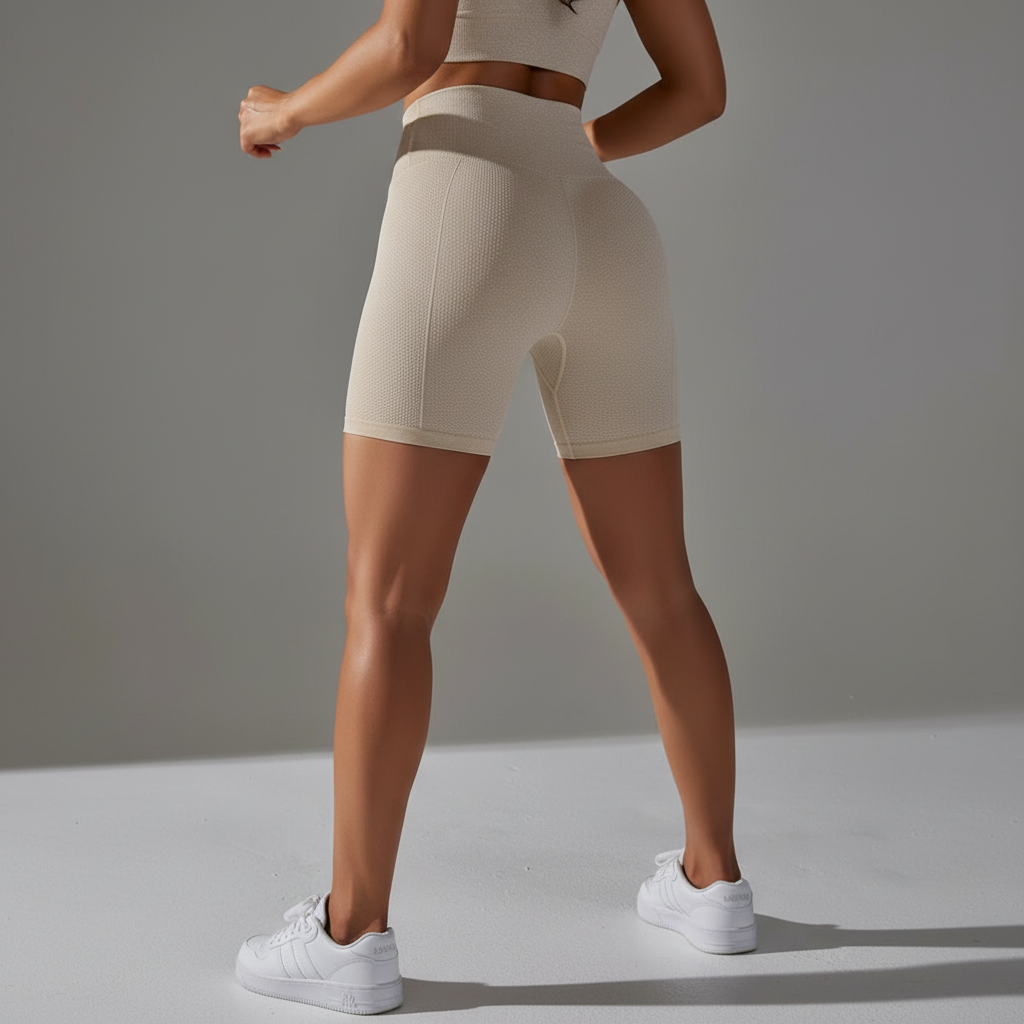 Rear three-quarter view - Cream beige textured shorts with white sneakers