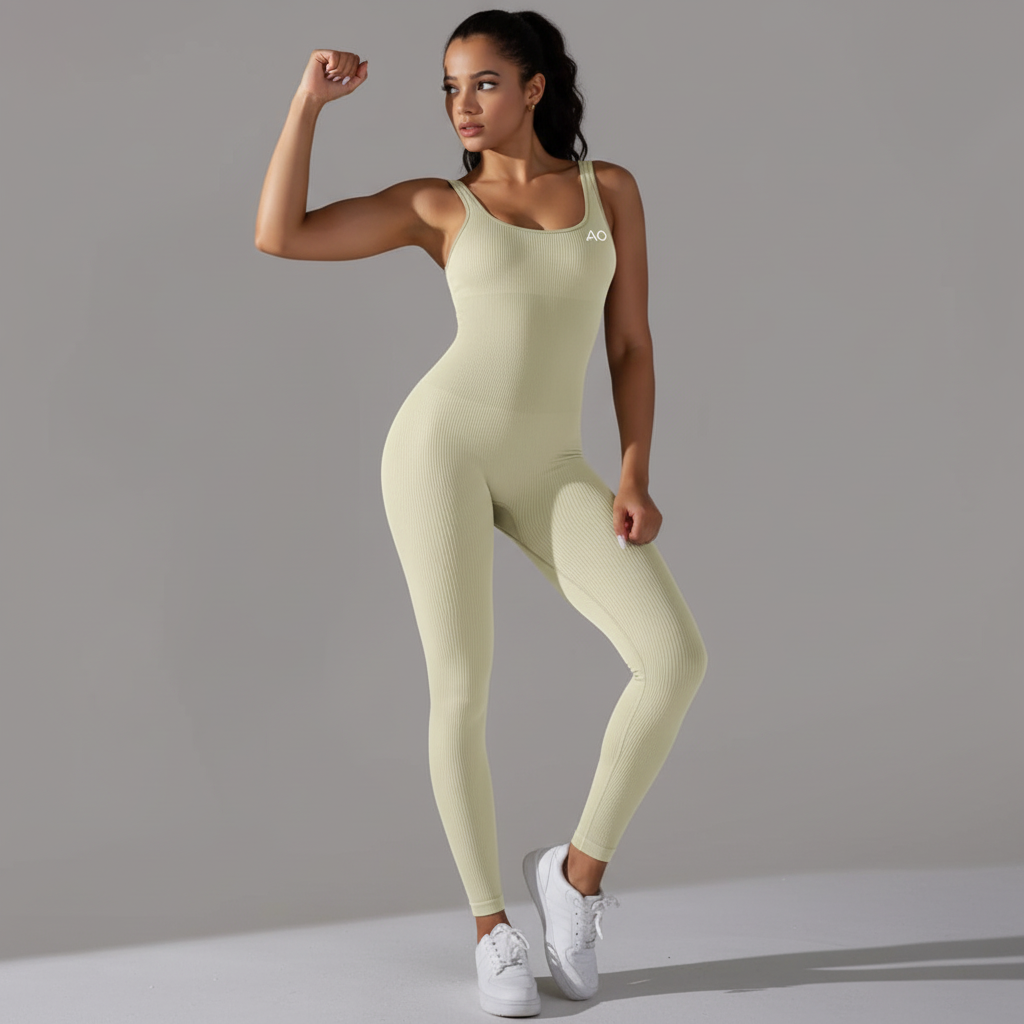 Sage green unitard dynamic pose
