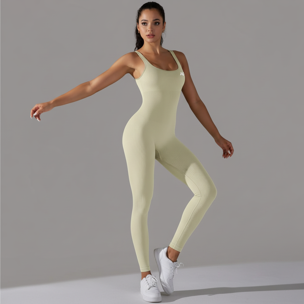 Sage green unitard dynamic pose