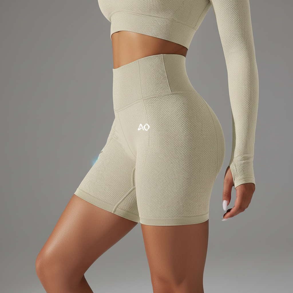 Side profile - Cream beige textured bike shorts