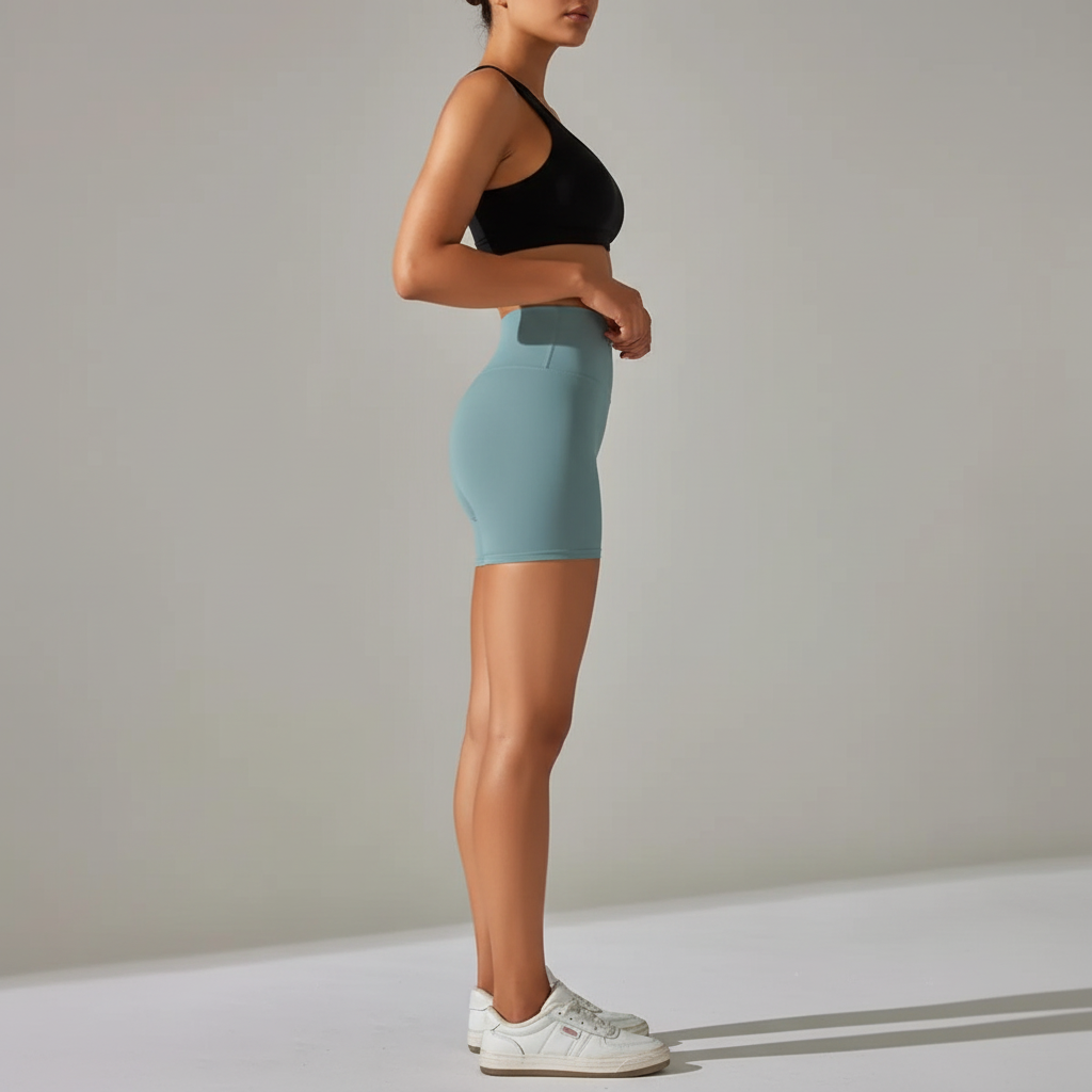 Side profile - Light blue bike shorts