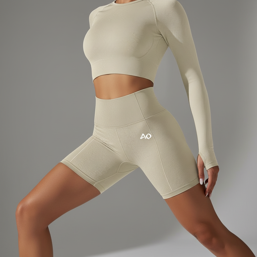 Three-quarter view - Cream beige bike shorts
