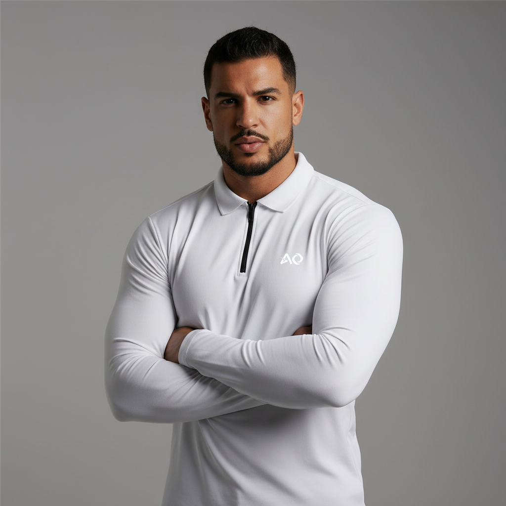 White Long-Sleeve Polo - Arms Crossed