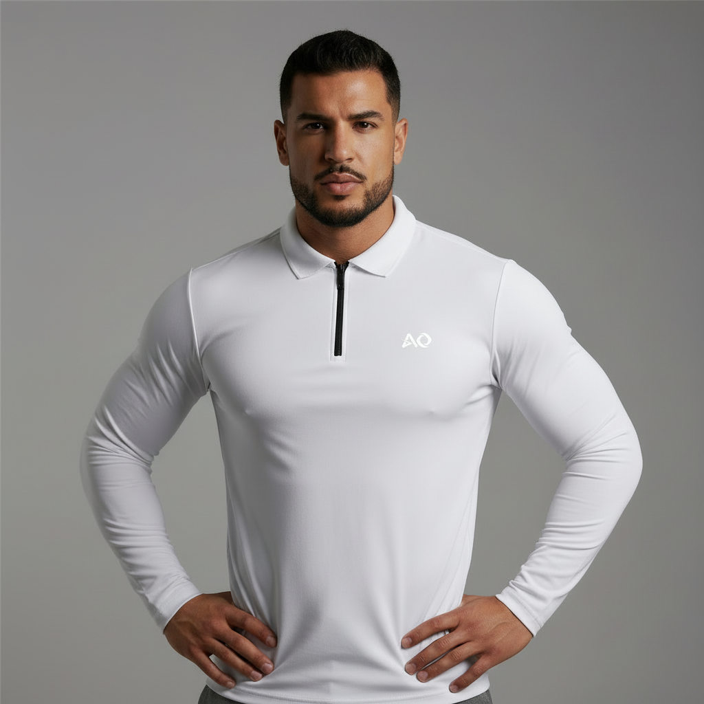 White Long-Sleeve Polo - Hands on Hips