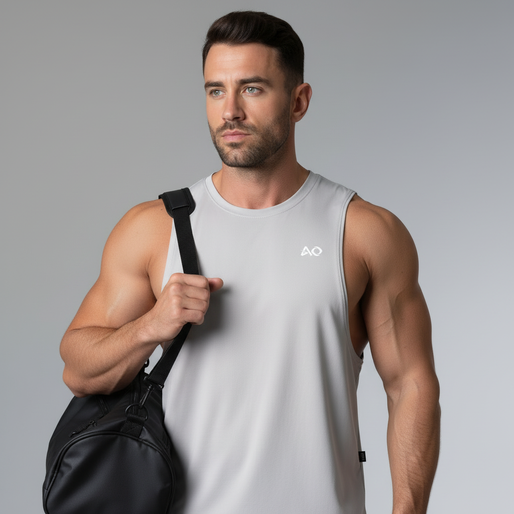 White Sleeveless Tank - Gym Bag Over Shoulder